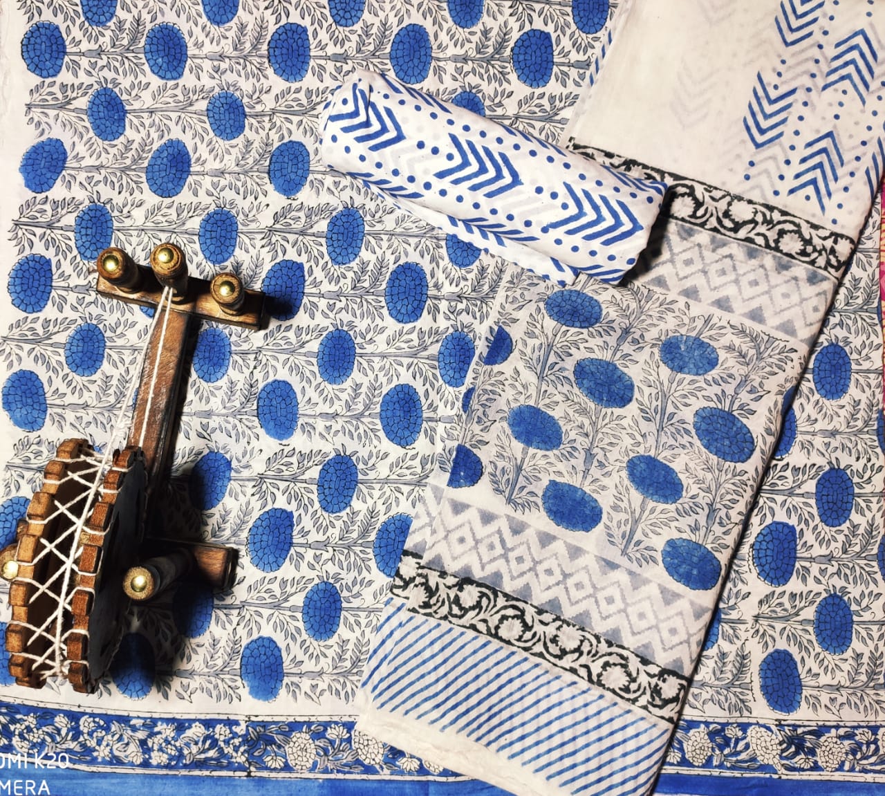 Cream & Blue Flower Print Cotton Unstitched Suit Set with Cotton Duppatta