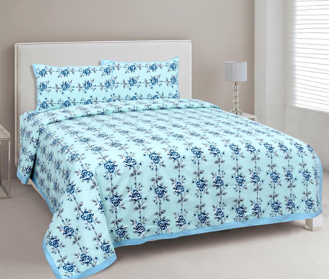 Sky Blue Flower Print King Size Cotton Bed Sheet