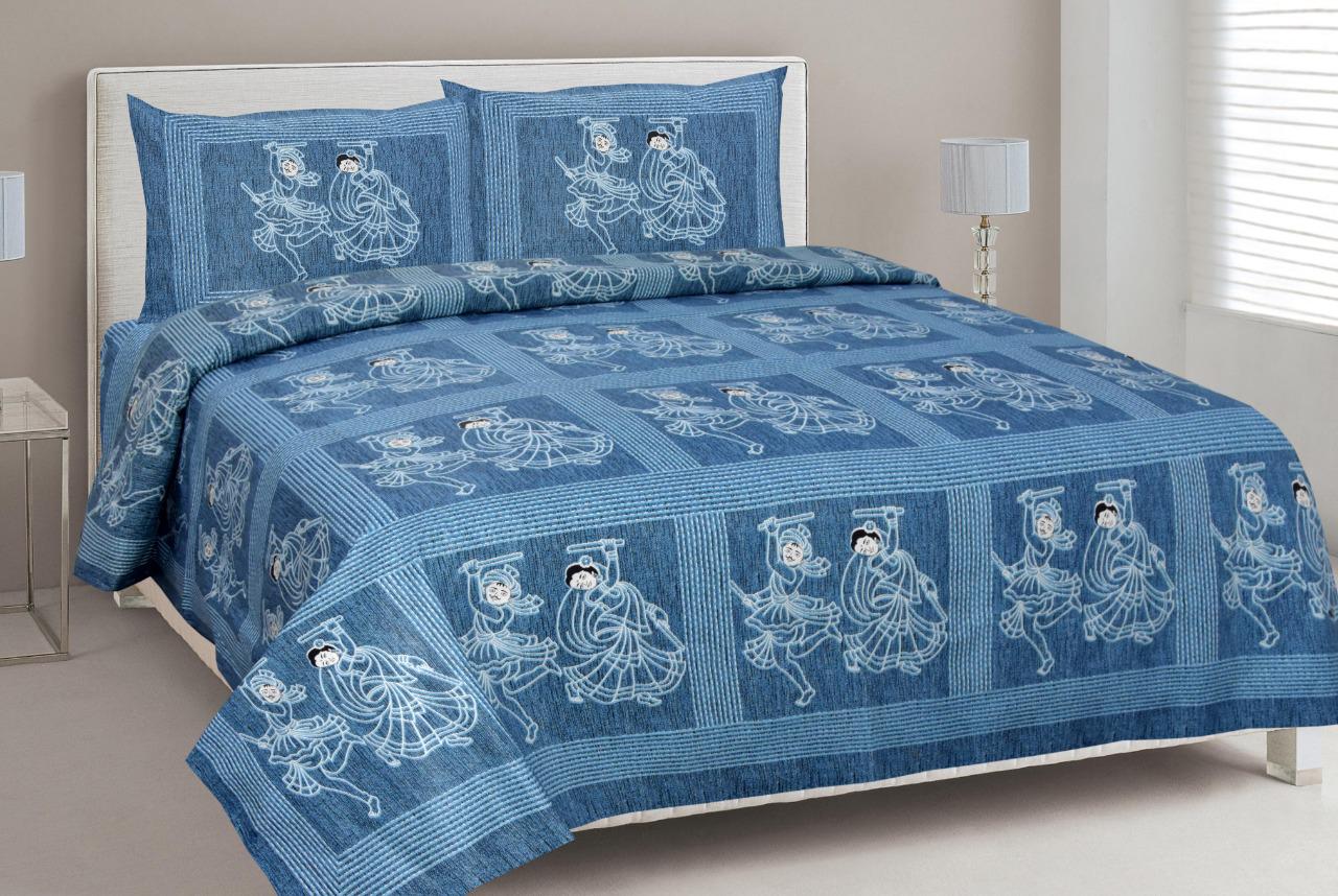 Blue Human Print King Size Cotton Bed Sheet