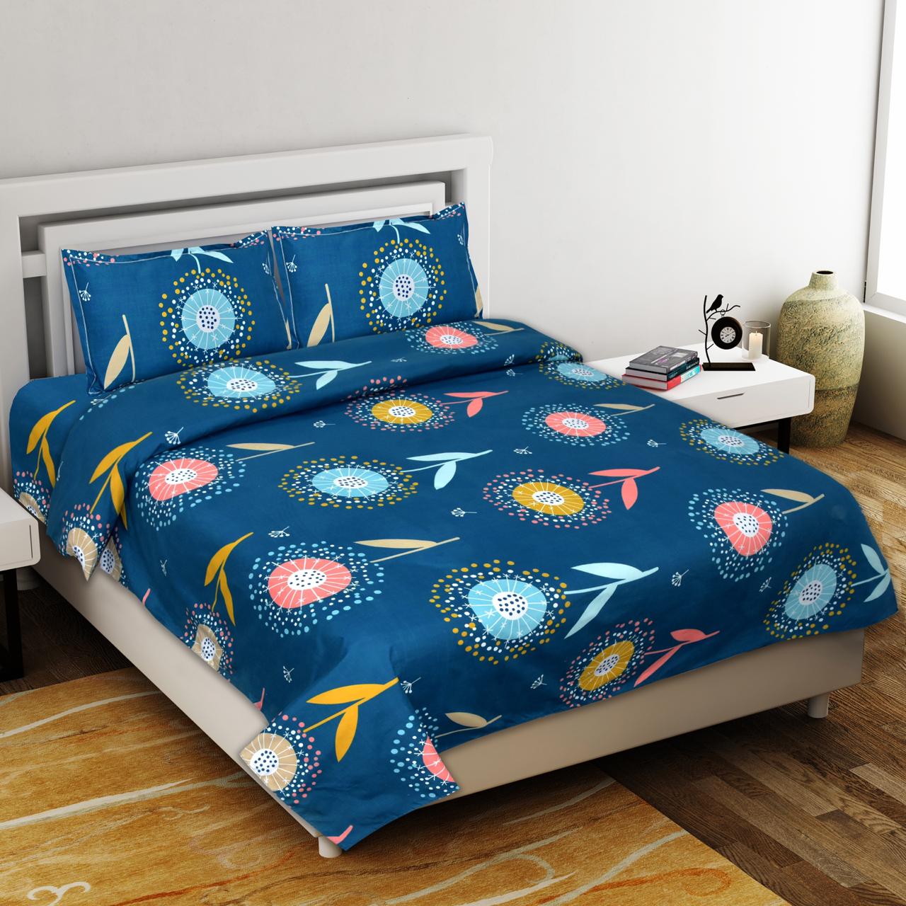 Blue Flower Print King Size Polly Cotton Bed Sheet