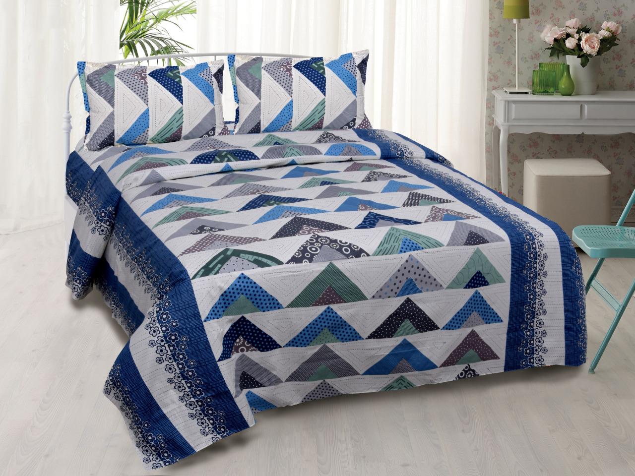 Beautiful Off white Base Blue Triangle Print King Size Cotton Bed Sheet