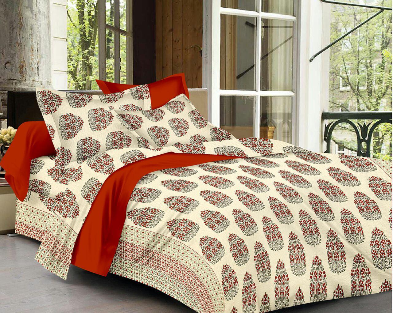 Beautiful Cream base Red Butta Print King Size Cotton Bed Sheet