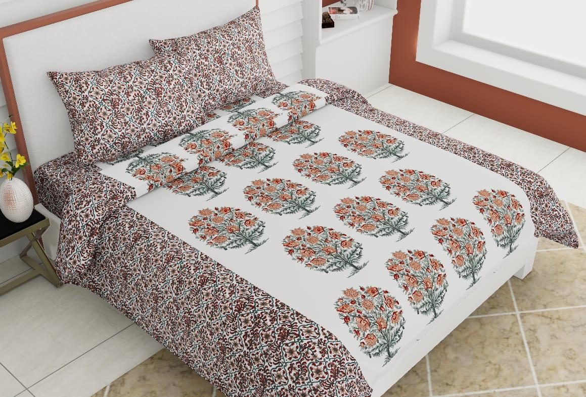 Off White Flower Print King Size Cotton Bed Sheet