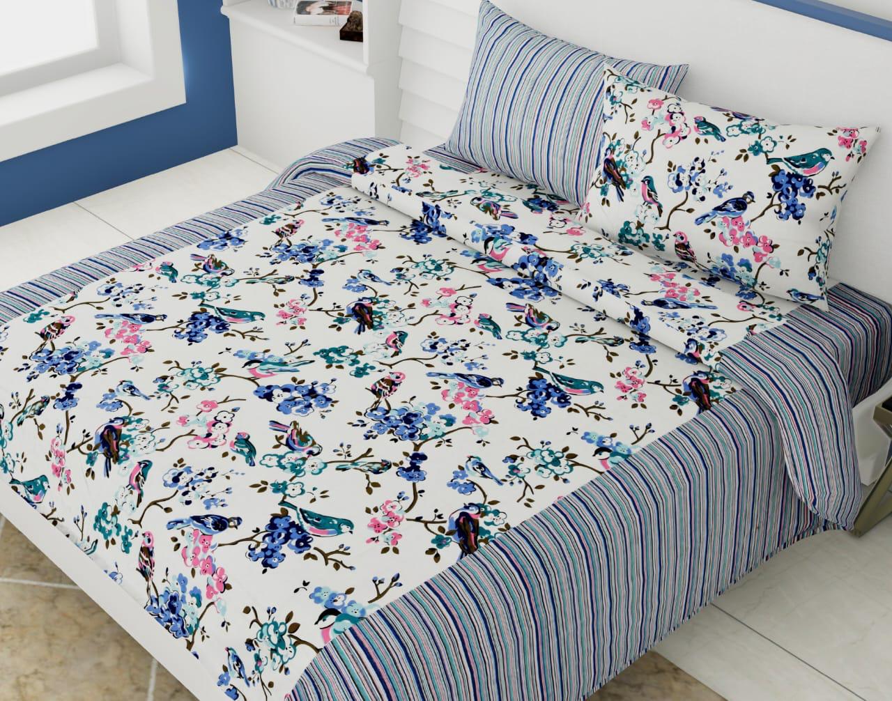 Multi Color Bird Print King Size Cotton Bed Sheet
