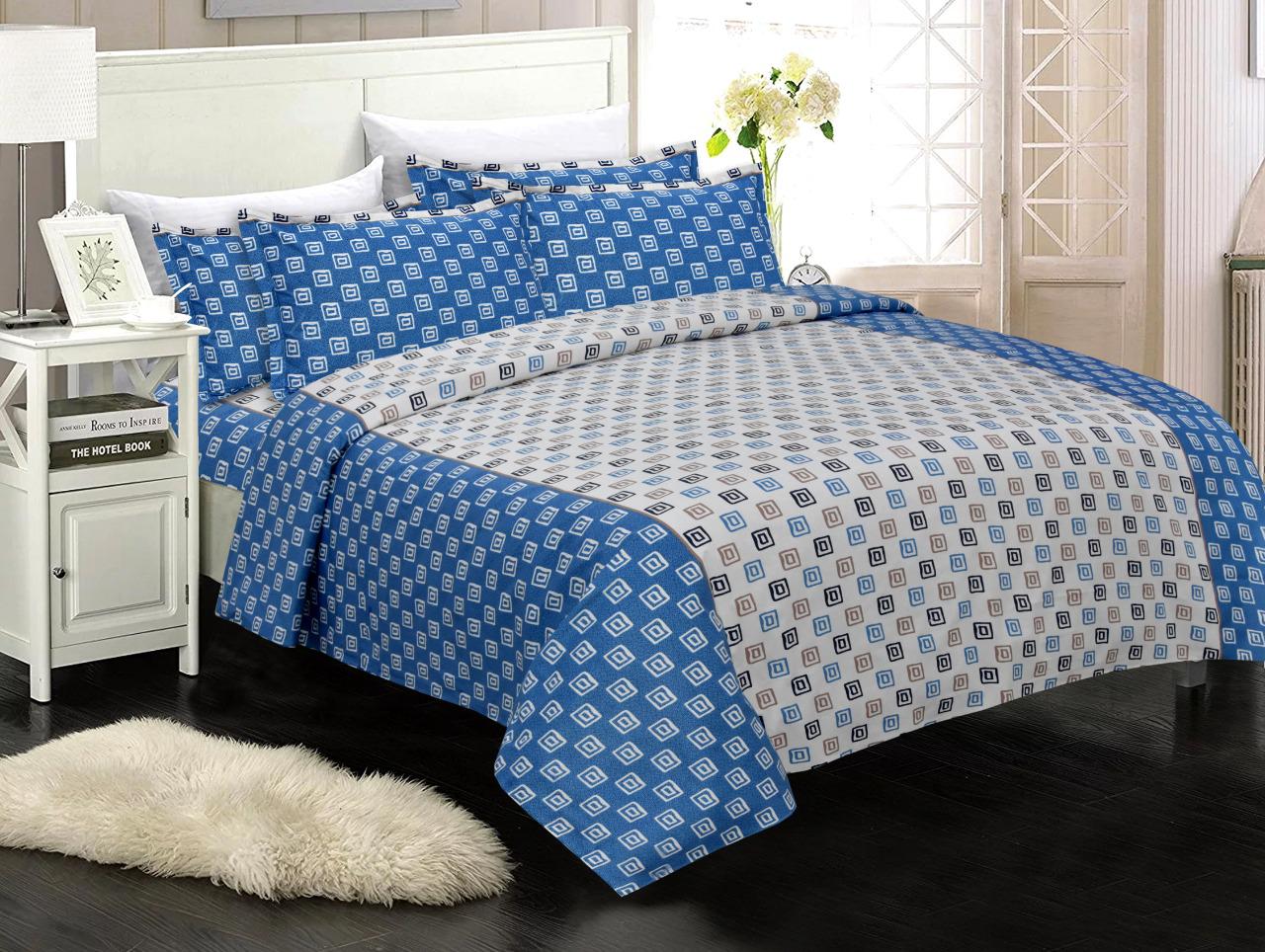 Blue Checks Print King Size Cotton Bed Sheet