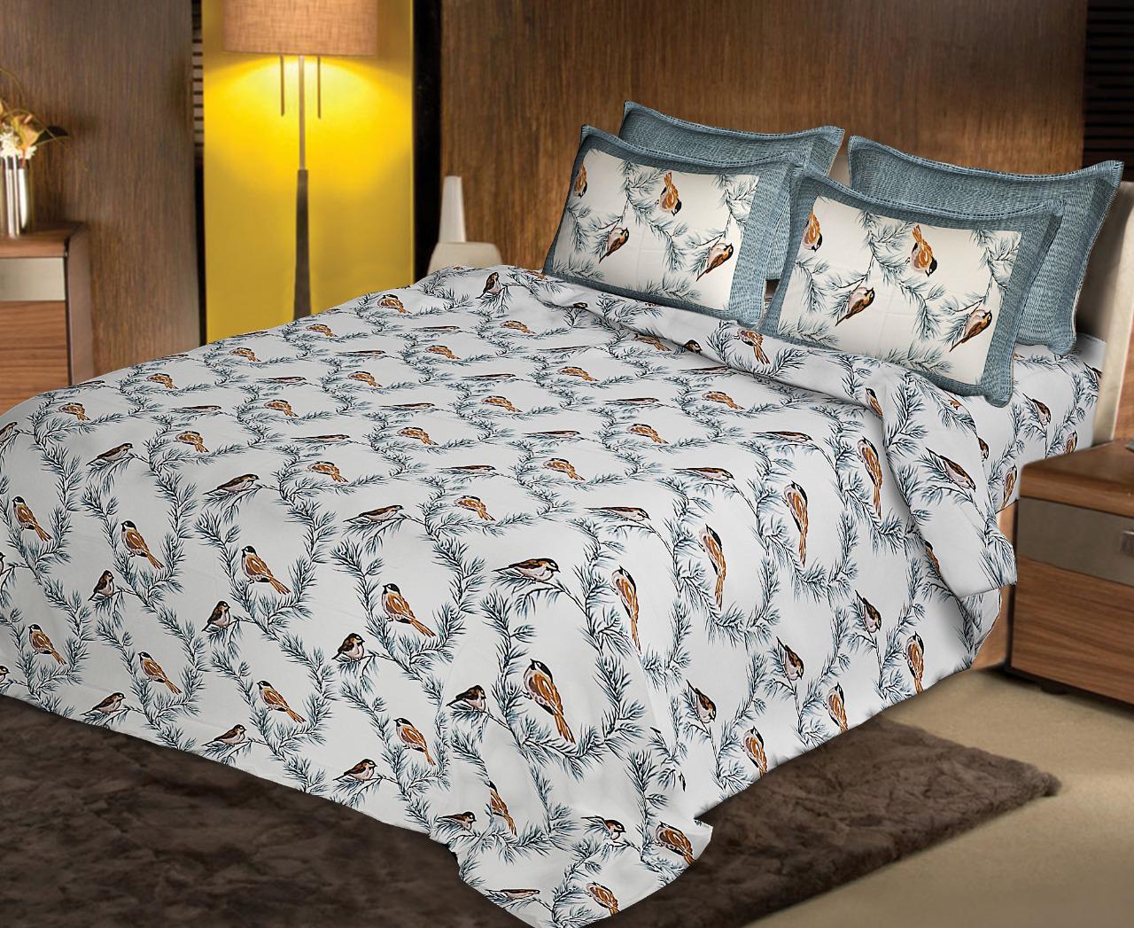 Designer Trendy Grey Bird Print XL King Size Premium Cotton Bed Sheet