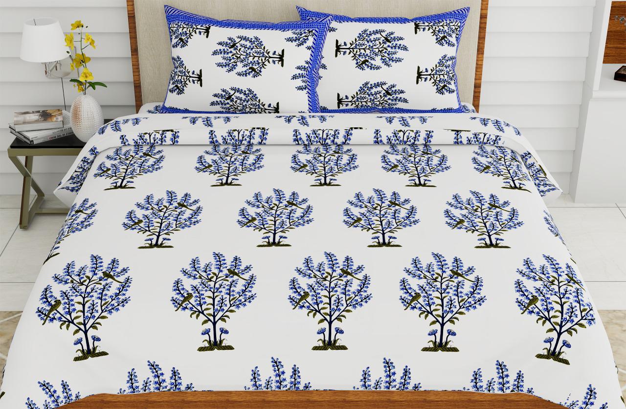 Beautiful Designer Blue Bush Print King Size Cotton Bed Sheet