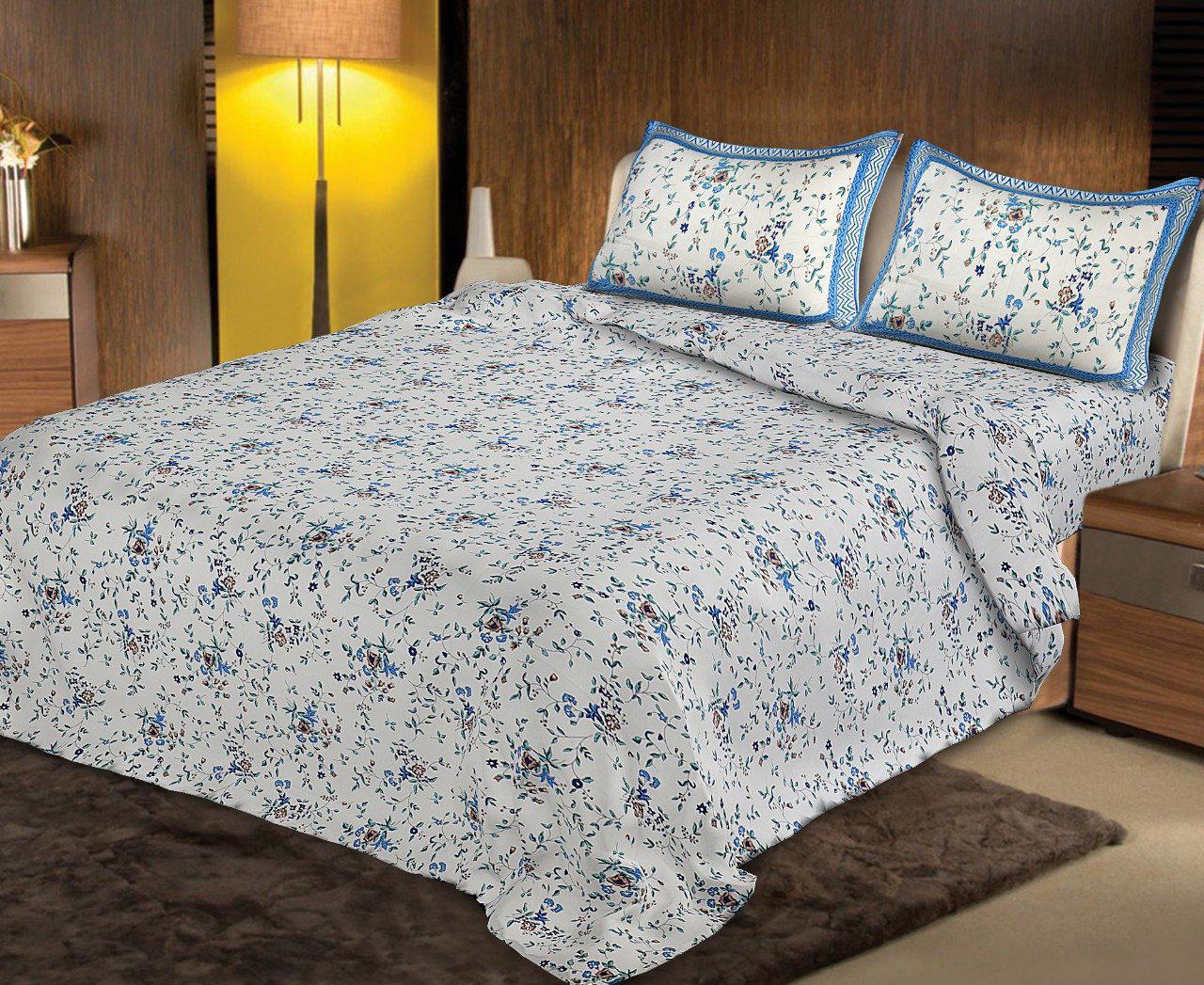Beautiful Blue Flower Print King Size Premium  Cotton Bed Sheet