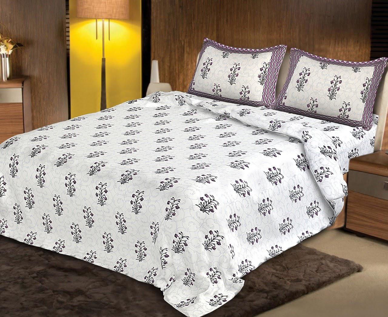 Off White purple Flower Print King Size Cotton Bed Sheet