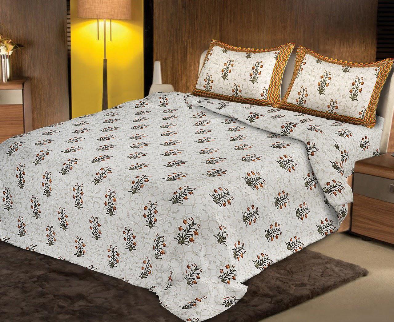 Beige Base Orange  leaf & Flower Print King Size Cotton Bed Sheet