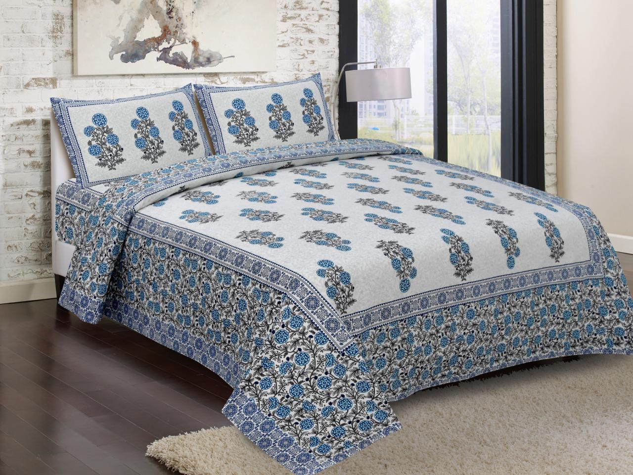 Sky Blue Flower Print King Size Cotton Bed Sheet