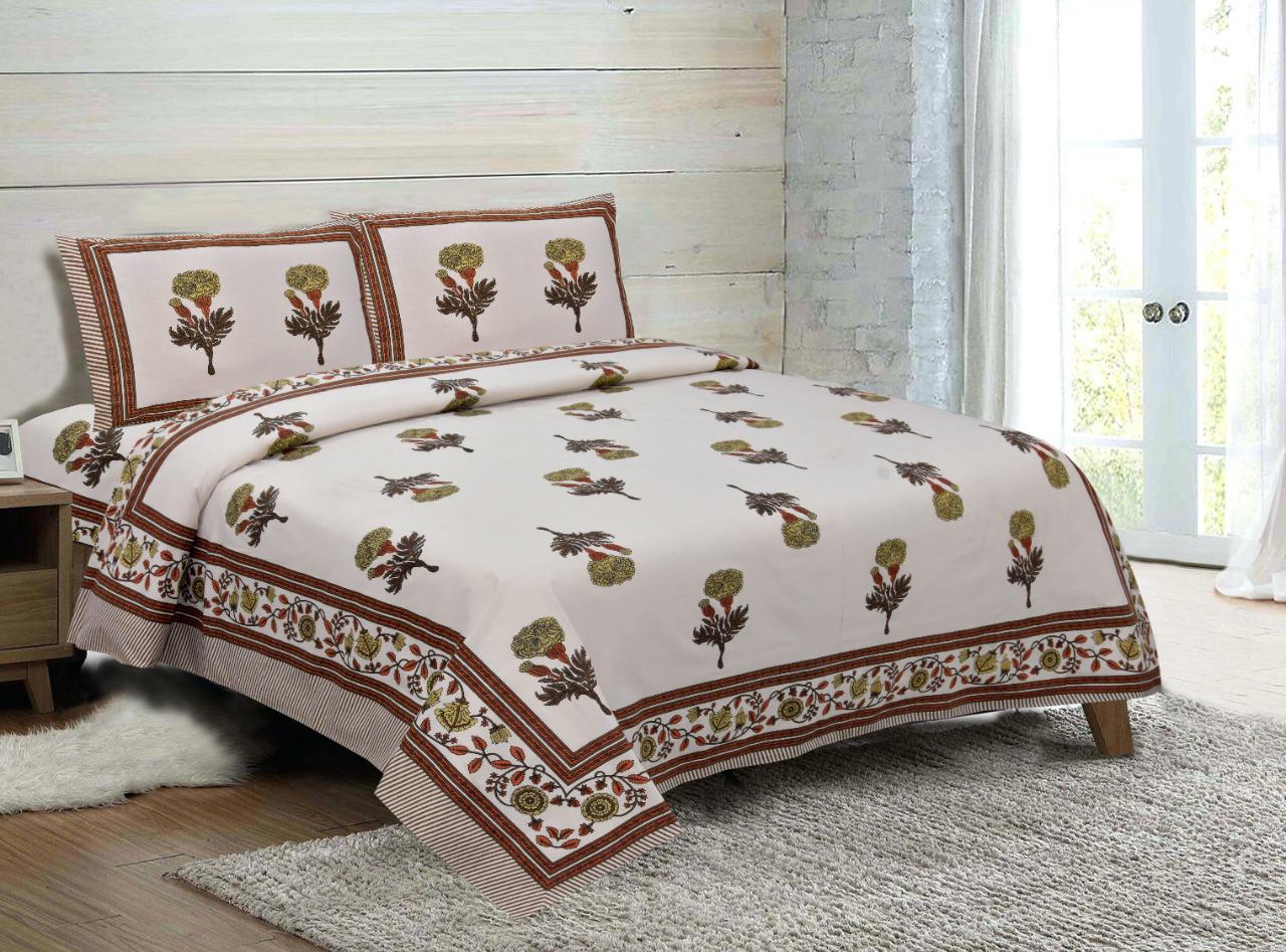 Mughal Style Beautiful Beige base Orange Flower Print King Size Cotton Bed Sheet