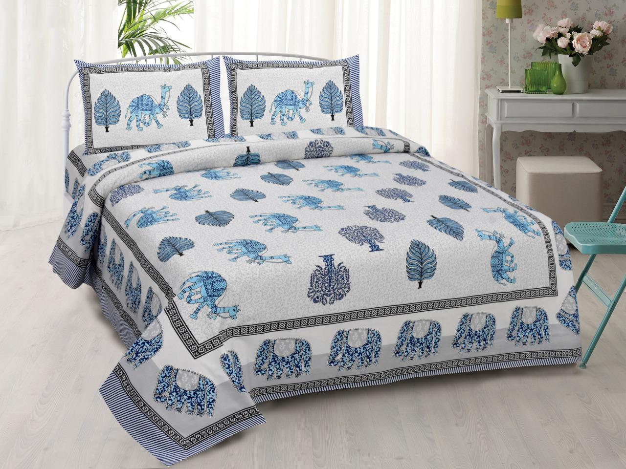 Rajasthani Traditional White base Blue Animal Print King Size Cotton Bed Sheet