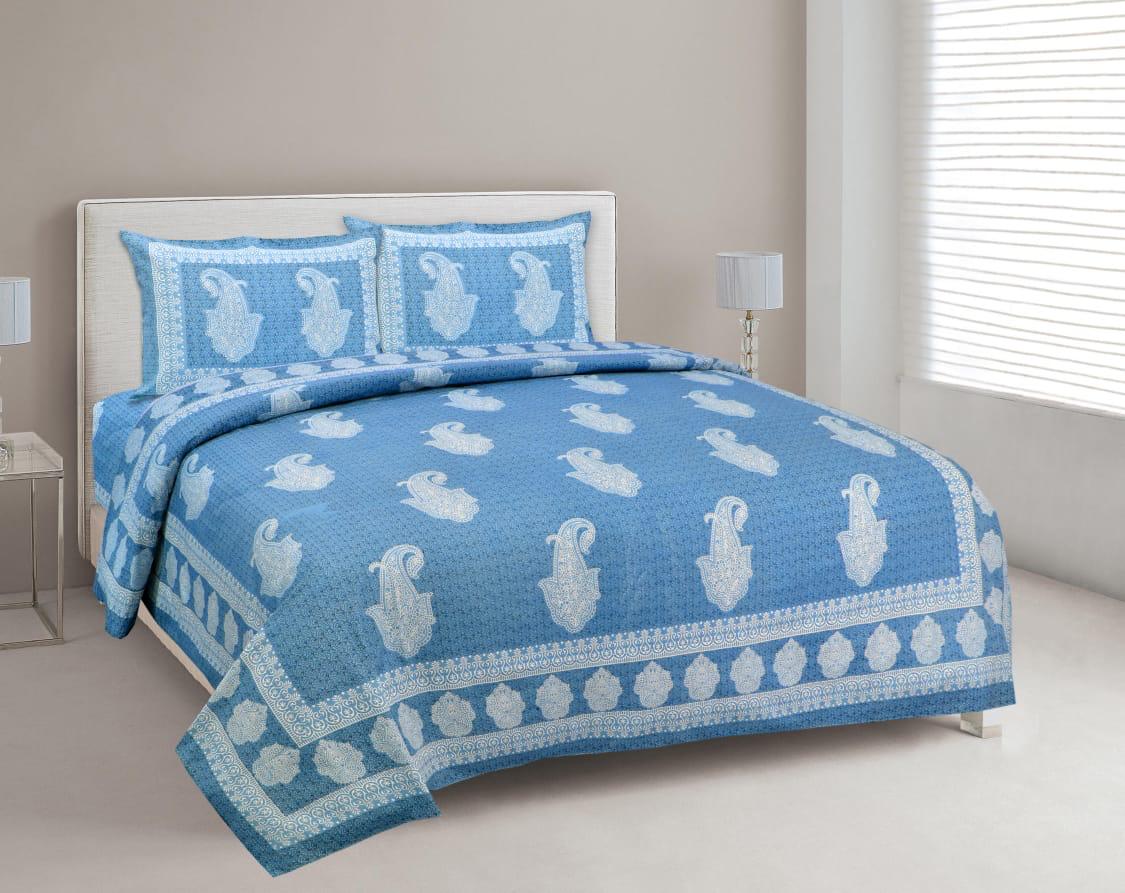 Beautiful & Soothing Sky Blue Butta Print King Size Cotton Bed Sheet
