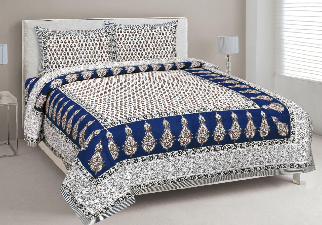 Blue Butta Print King Size Cotton Bed Sheet