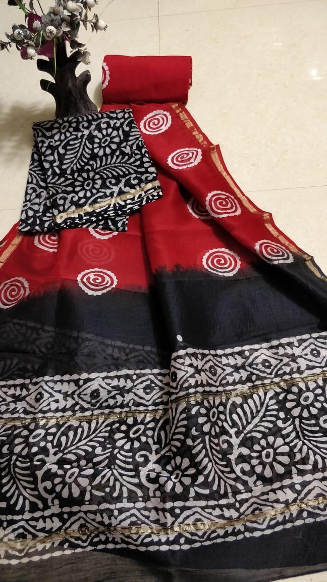 Black & Red Leaf Print Chanderi Silk Unstitched Suit Set with Chanderi Silk Dupatta