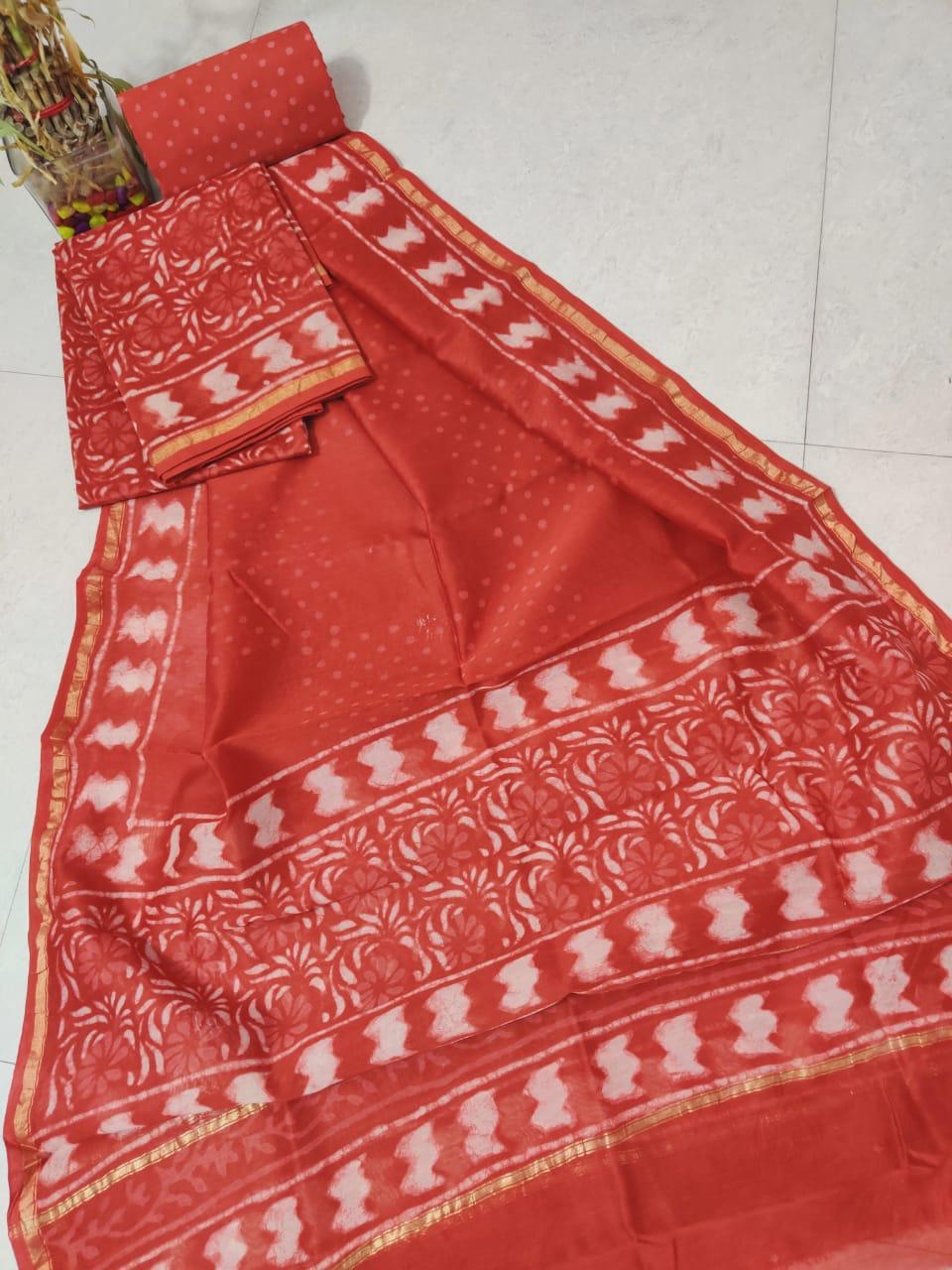 Red Printed Chanderi Silk Unstitched Suit Set with Chanderi Silk Dupatta