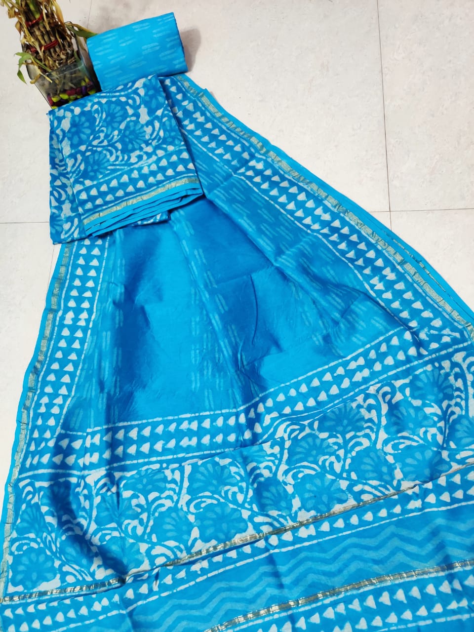 Blue Flower Chanderi Silk Unstitched Suit Set with Chanderi Silk Dupatta
