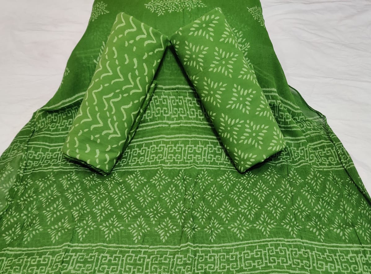 Green Leaf Print Cotton Unstitched Suit Set with Chiffon Dupatta