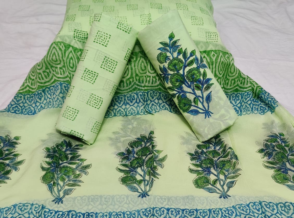 Green Flower Cotton Unstitched Suit Set with Chiffon Dupatta