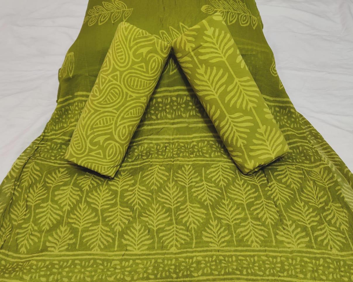 Green Printed Cotton Unstitched Suit Set with Chiffon Dupatta