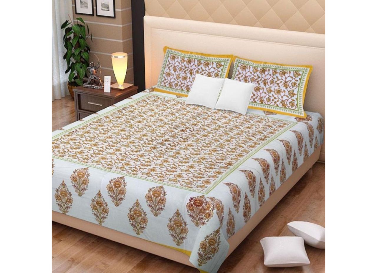 Cream base yellow Flower Print King Size Cotton Bed Sheet
