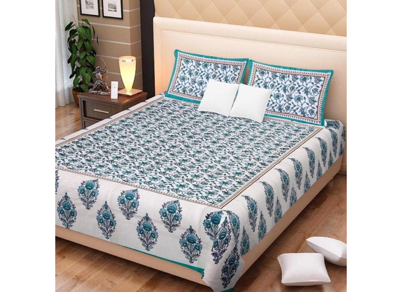 Cream base green Flower Print King Size Cotton Bed Sheet