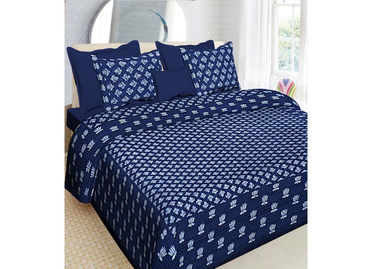 Blue Lotus Print King Size Cotton Bed Sheet