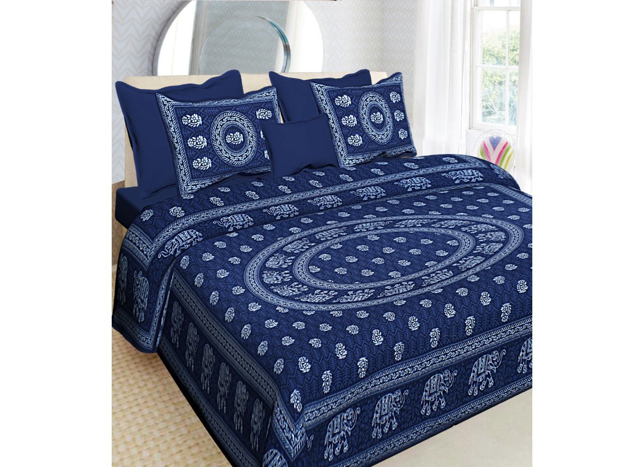 Beautiful Blue Elephant with Flower Print King Size Cotton Bed Sheet