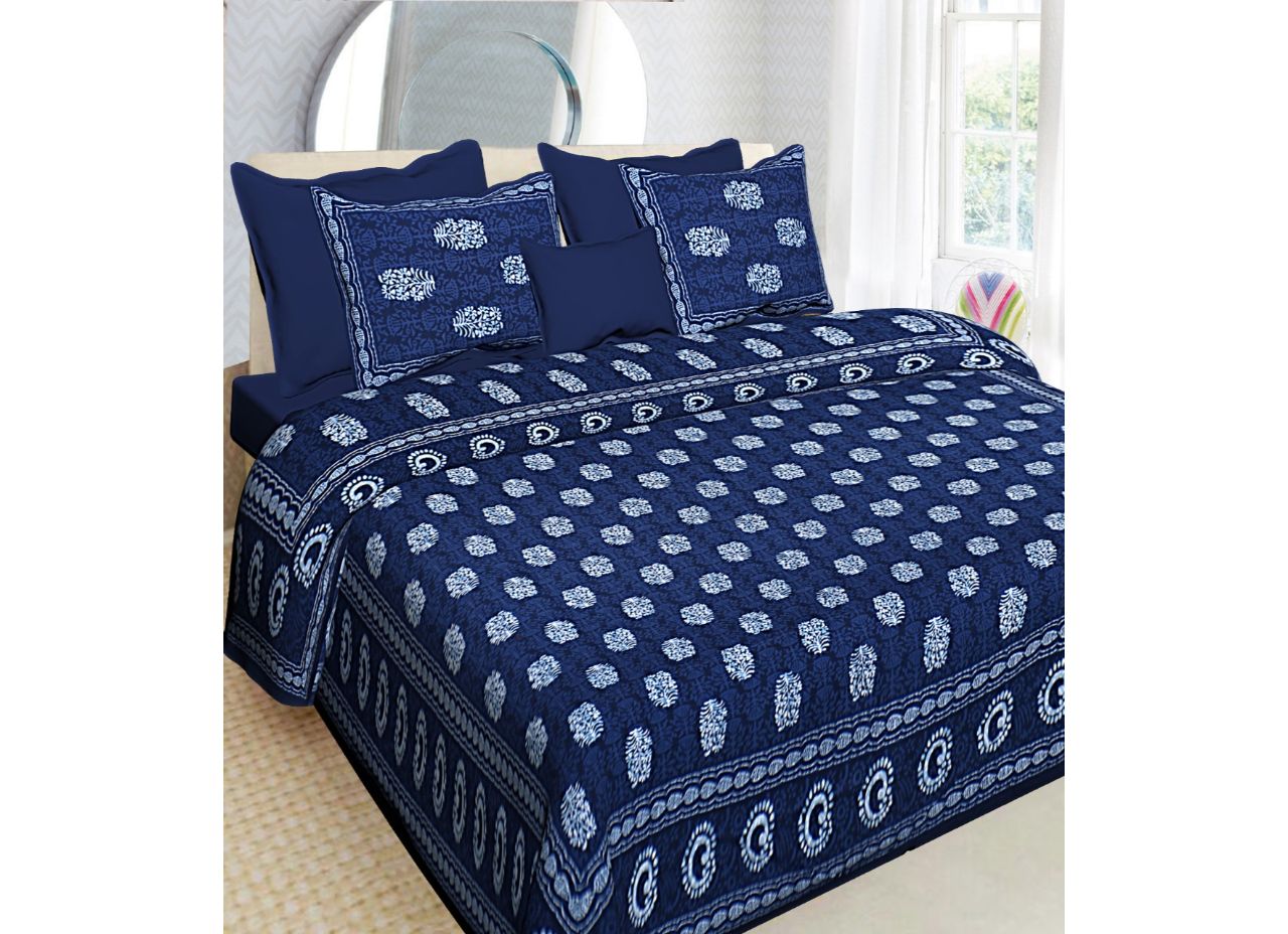 Beautiful Blue Flower with dot circular pattern Print King Size Cotton Bed Sheet