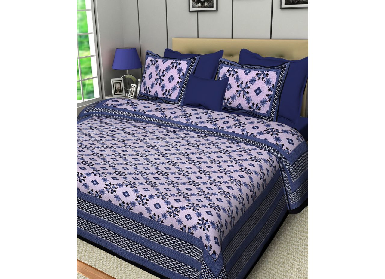 Beautiful & stylish Pink and Grey Flower Print King Size Cotton Bed Sheet