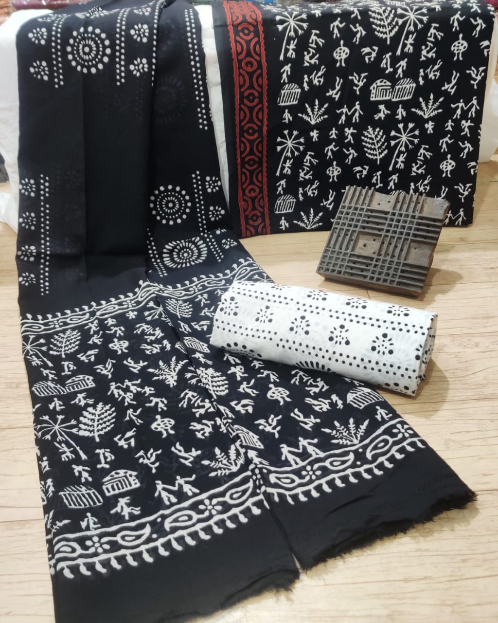 Black Human Print Cotton Unstitched Suit Set with Cotton Duppatta