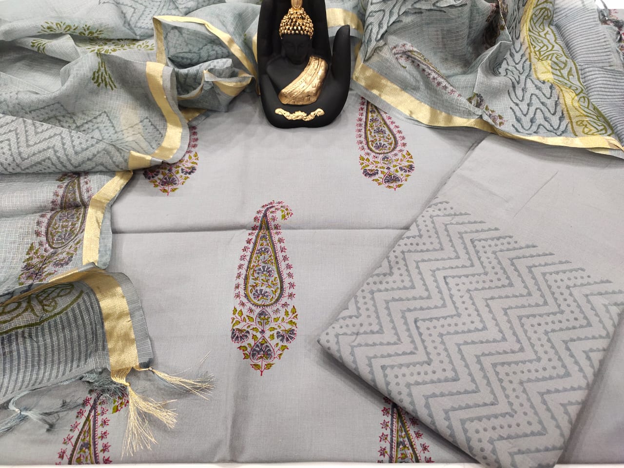 Grey Butta Print Cotton Unstitched Suit Set with Kota Silk Dupatta