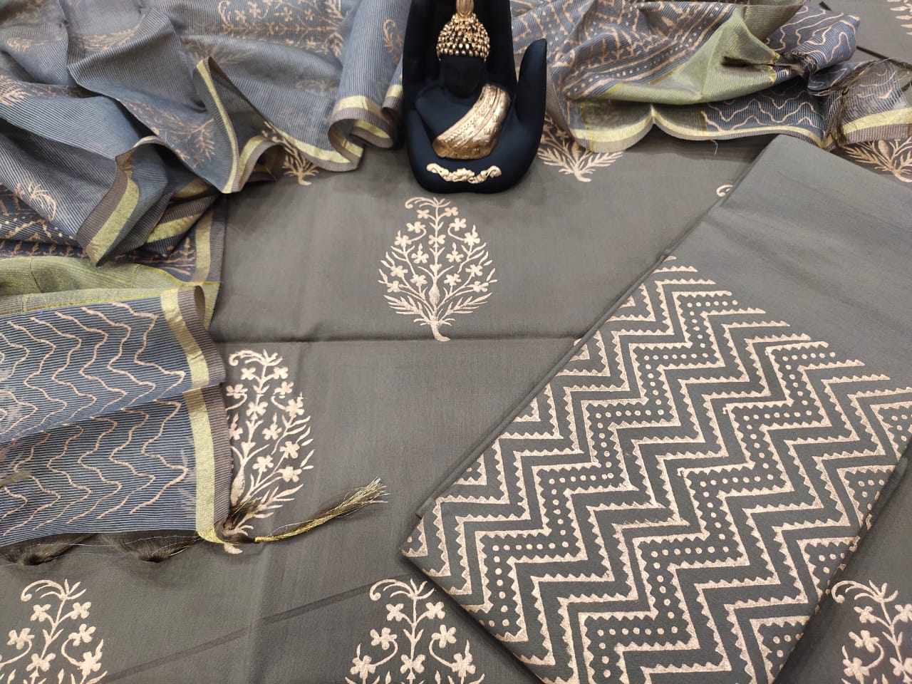 Grey Gold Flower Print Cotton Unstitched Suit Set with Kota Silk Dupatta