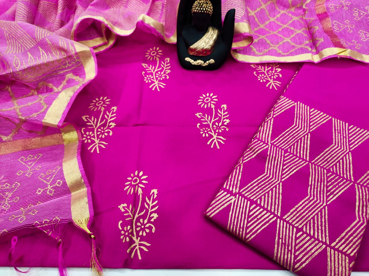 Rani Pink Flower Print Cotton Unstitched Suit Set with Kota Silk Dupatta