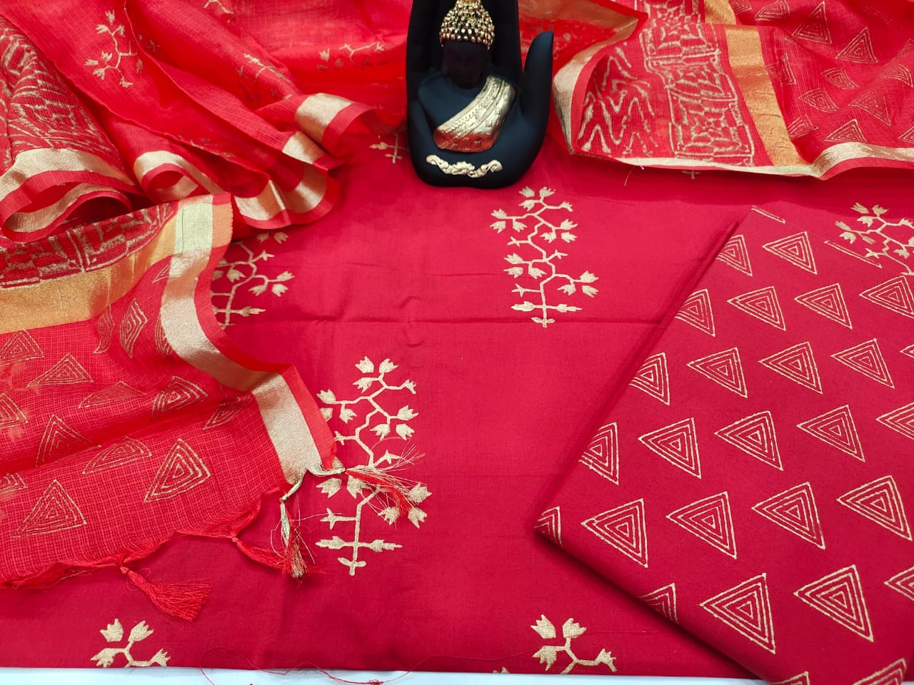 Red Gold Leaf Print Cotton Unstitched Suit Set with Kota Silk Dupatta
