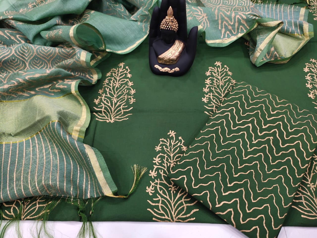 Green Gold Flower Print Cotton Unstitched Suit Set with Kota Silk Dupatta