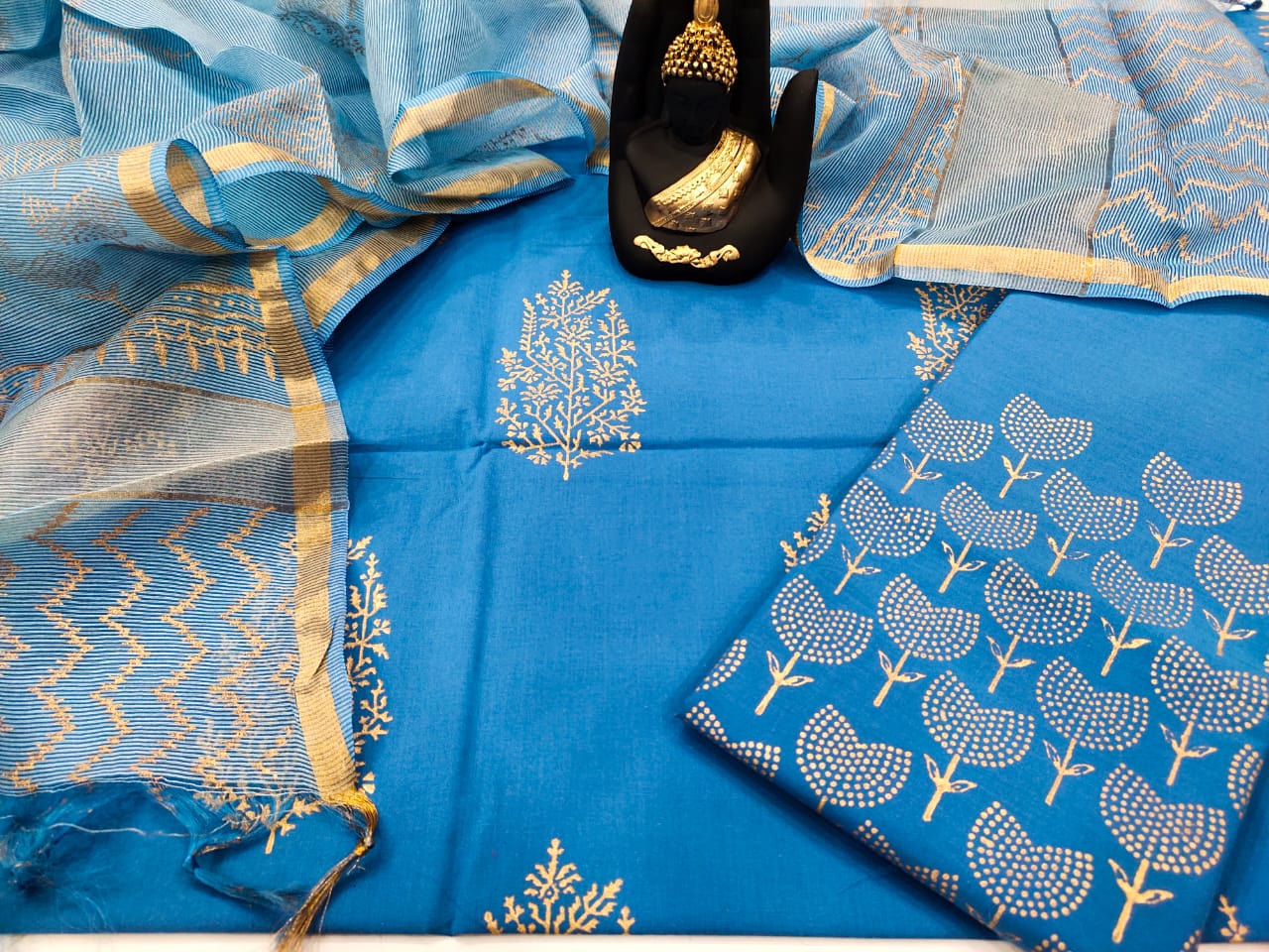 Blue Gold Flower Print Cotton Unstitched Suit Set with Kota Silk Dupatta