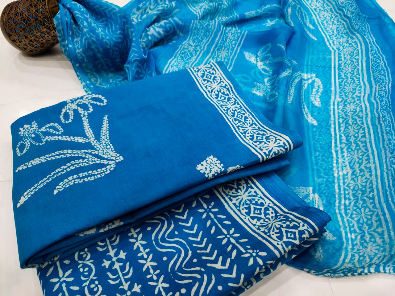 Blue Flower Print Cotton Unstitched Suit Set with Chiffon Dupatta