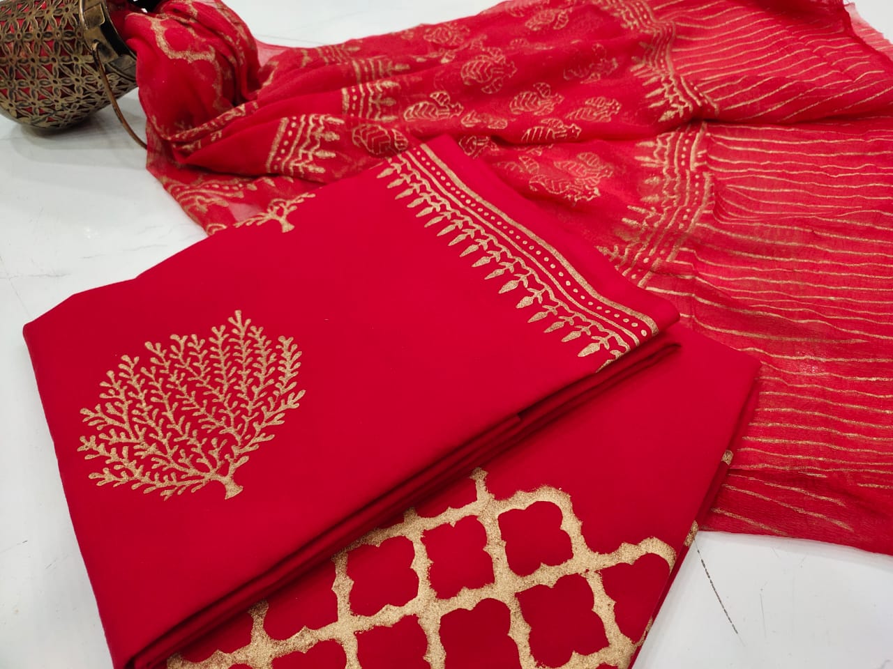 Red Gold Bush Print Cotton Unstitched Suit Set with Chiffon Dupatta