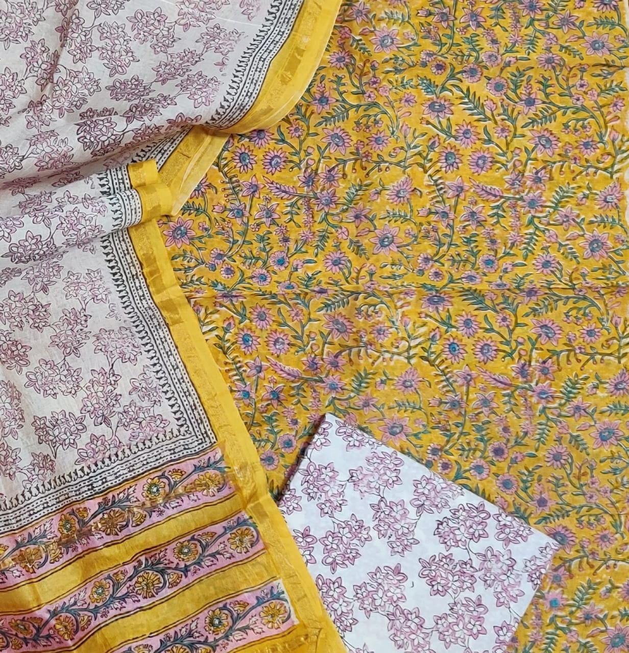 Yellow Flower Print Chanderi Silk Unstitched Suit Set with Chanderi Silk Dupatta