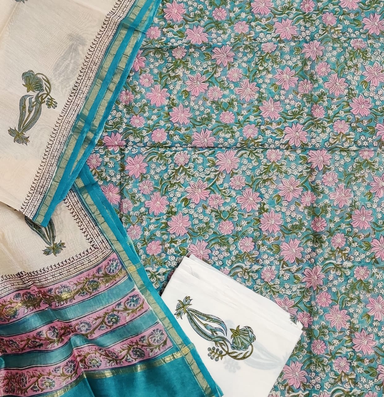 Sky Blue Flower Print Chanderi Silk Unstitched Suit Set with Chanderi Silk Dupatta
