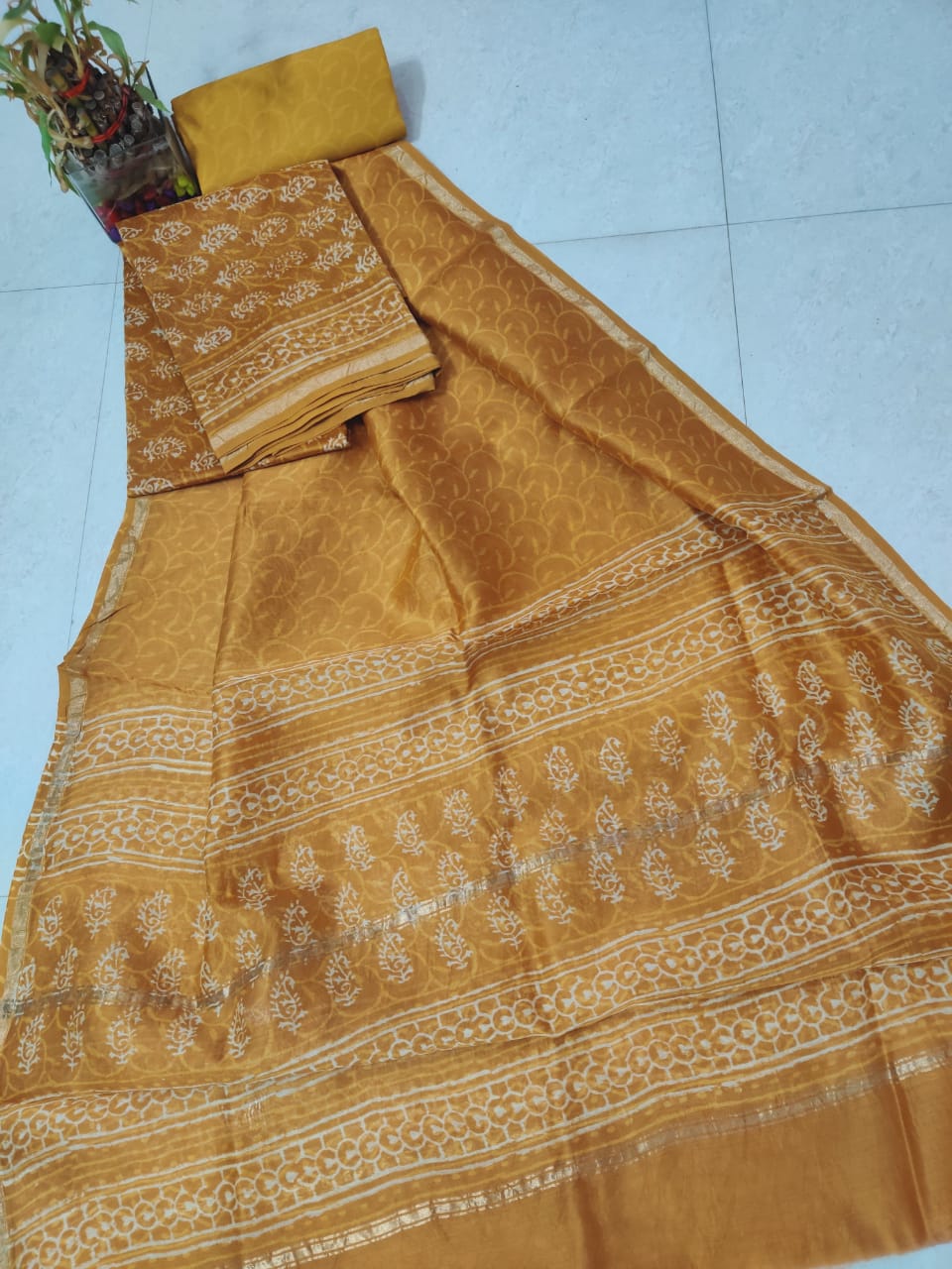 Brown Butta Print Chanderi Silk Unstitched Suit Set with Chanderi Silk Dupatta