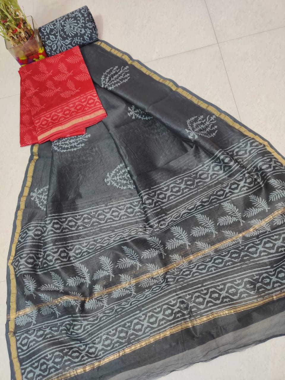 Grey Leaf Print Chanderi Silk Unstitched Suit Set with Chanderi Silk Dupatta