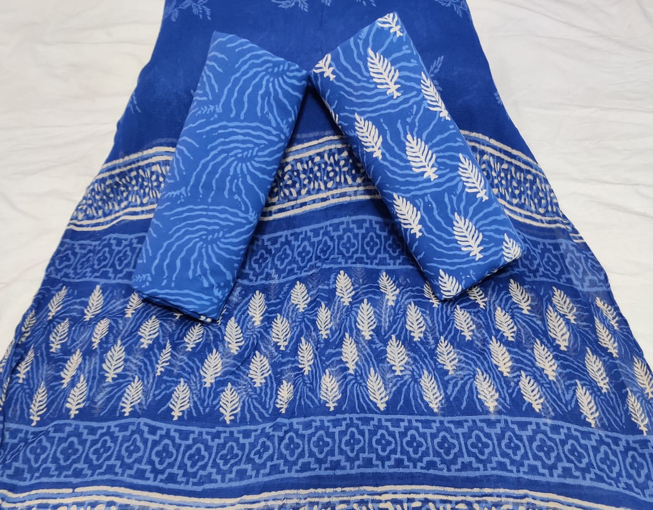 Blue Leaf Print Cotton Unstitched Suit Set with Chiffon Dupatta