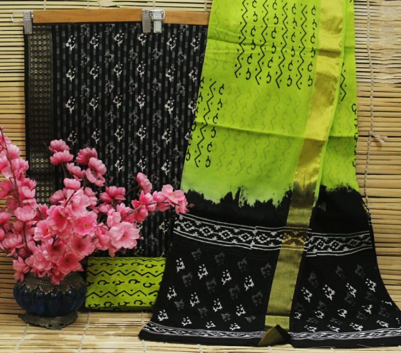 Green & Black Leaf Print Cotton Handblock Unstitched Suit Set with Mulmul Duppatta
