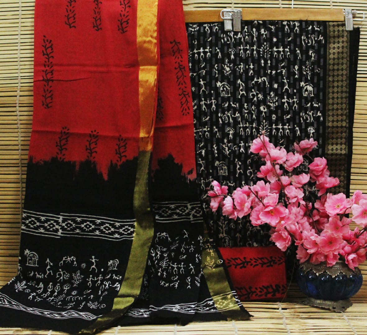 Red & Black Human Print Cotton Handblock Unstitched Suit Set with Mulmul Duppatta