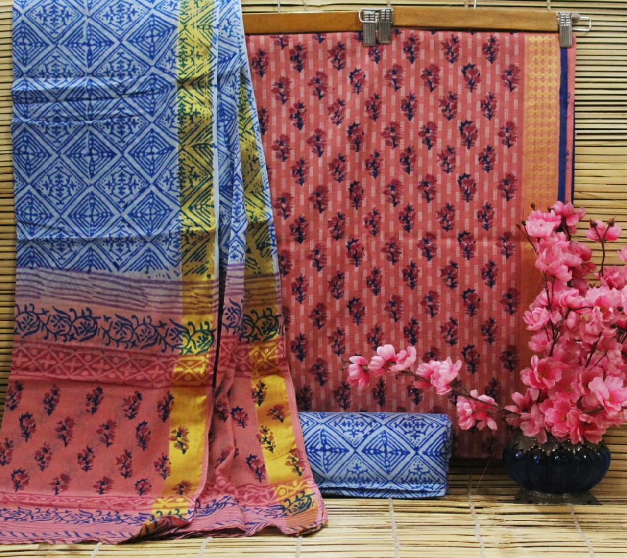 Peach Flower Print Cotton Handblock Unstitched Suit Set with Mulmul Duppatta