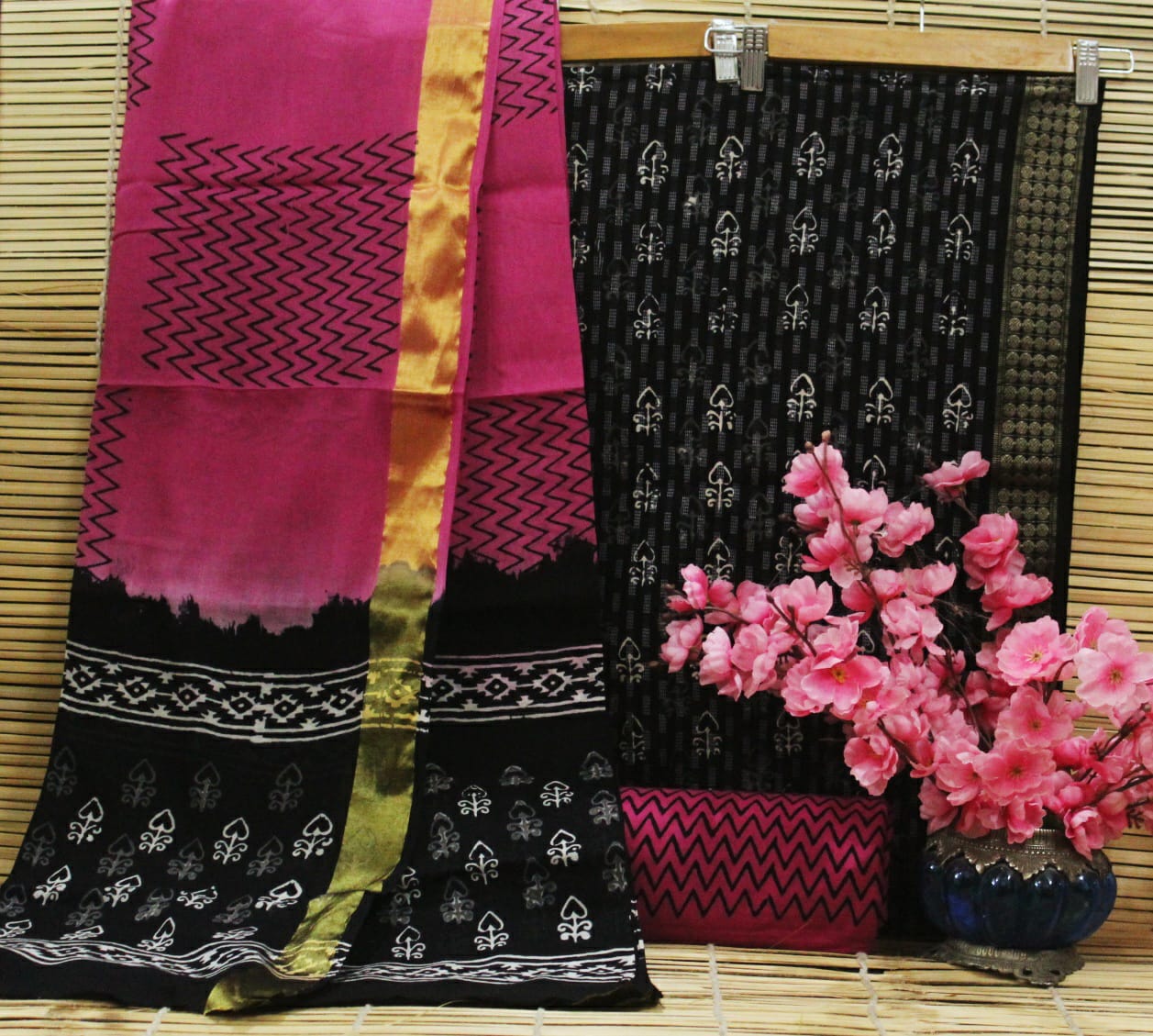 Black & Pink Flower Print Cotton Handblock Unstitched Suit Set with Mulmul Duppatta