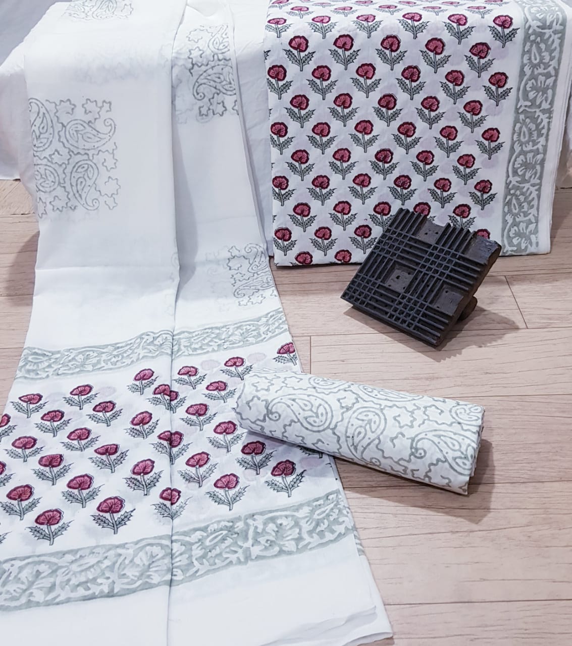White Flower Print Cotton Unstitched Suit Set with Cotton Duppatta